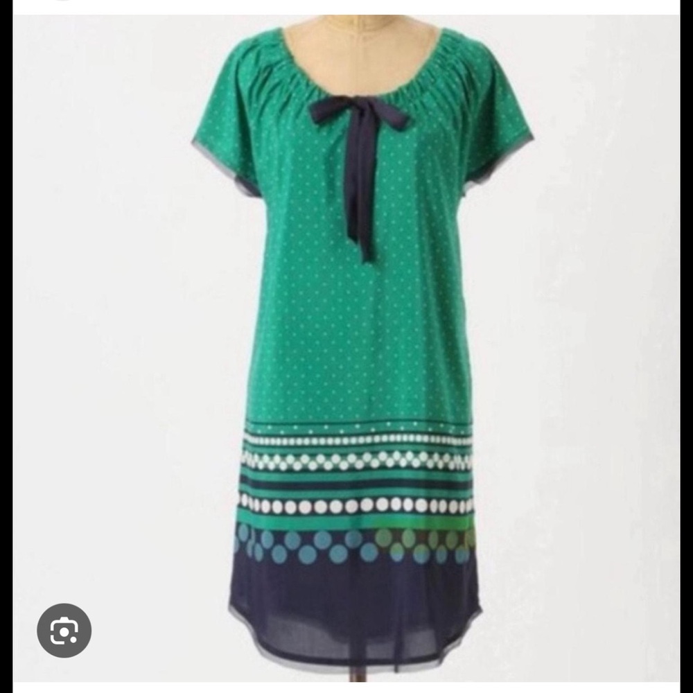 Anthropologie Allihop Green Polka Dot Dress with Navy Bow Size Small